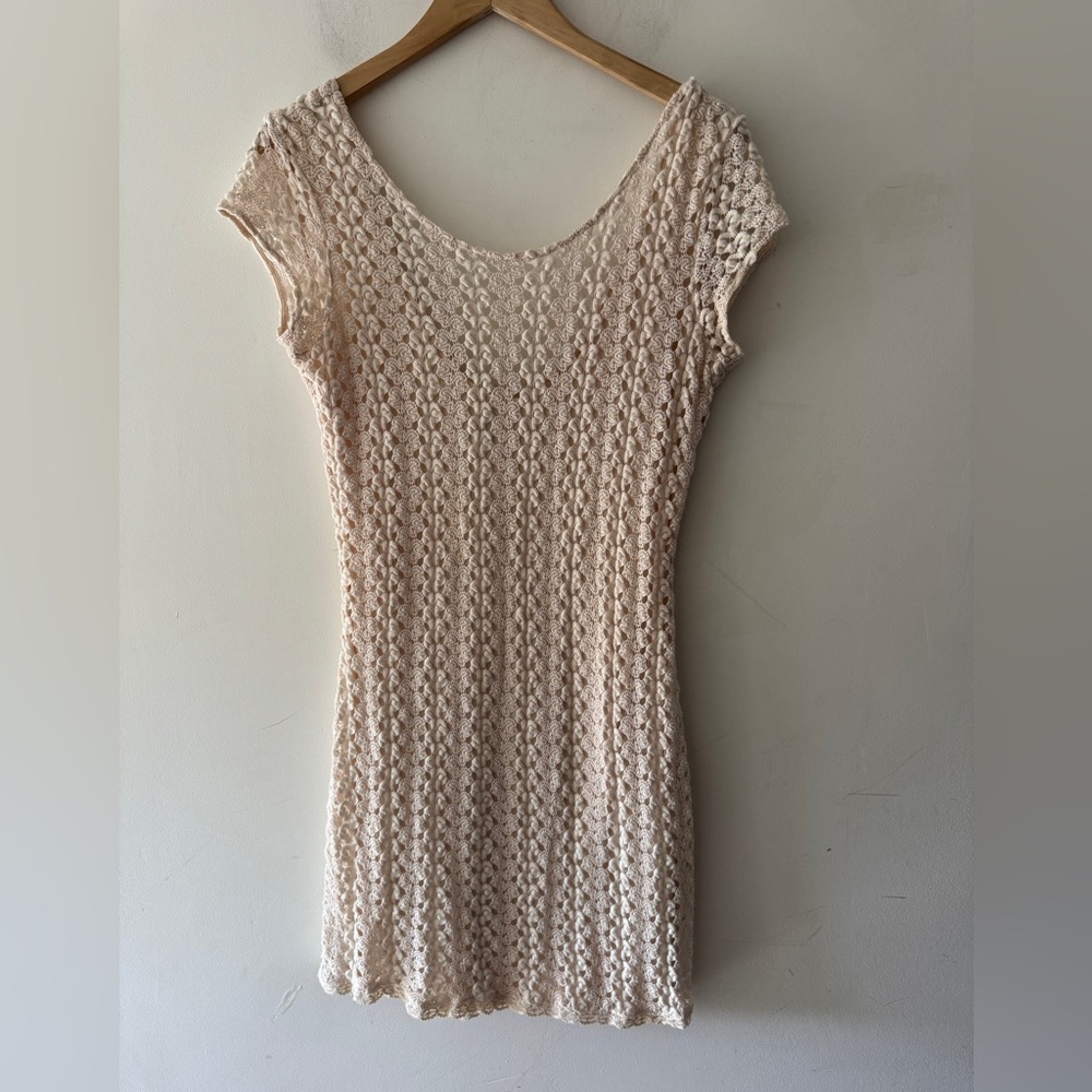FREE PEOPLE Cream Crochet Lace Scoop Neck Bodycon Short Sleeve Mini Dress